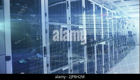 Image of processing data and maths calculations over computer server room Stock Photo