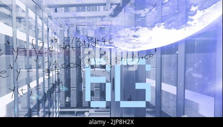 Image of 6g text, globe and maths calculations over computer server room Stock Photo