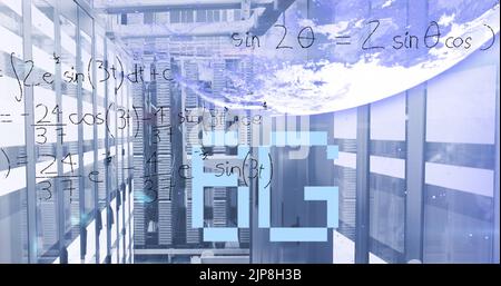 Image of 6g text, globe and maths calculations over computer server room Stock Photo
