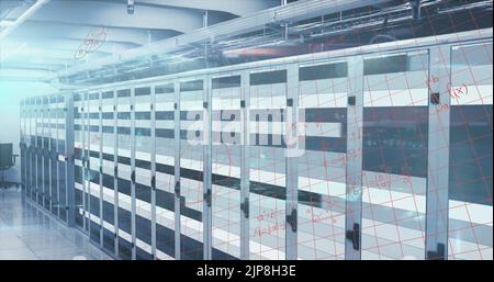 Image of processing data and maths calculations over computer server room Stock Photo