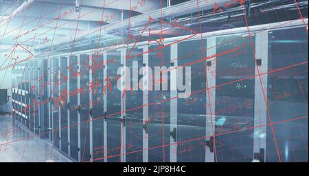 Image of processing data and maths calculations over computer server room Stock Photo