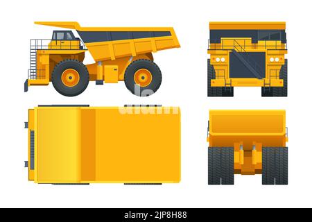Large quarry dump truck template on white background. Equipment for the high-mining industry. View front, rear, side and top. Stock Vector