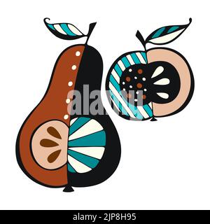 Set Apple Pear doodle color hand drawn logo icon silhouette, isolated, white background. Vector illustration Stock Vector