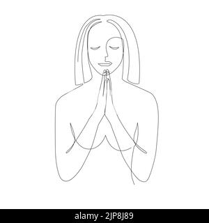 Praiyng woman. Continuous line drawing of prayer with broken heart, vector illustration Stock Vector