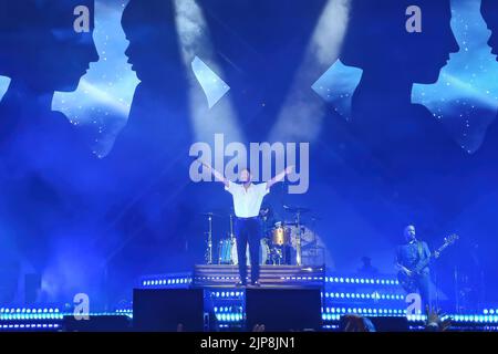 Huelva, Spain - May 25, 2022: The singer Manuel Carrasco in a concert in his home town, Isla Cristina, in Huelva, Andalucia, Spain Stock Photo