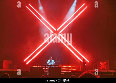 Huelva, Spain - May 25, 2022: The singer Manuel Carrasco in a concert in his home town, Isla Cristina, in Huelva, Andalucia, Spain Stock Photo