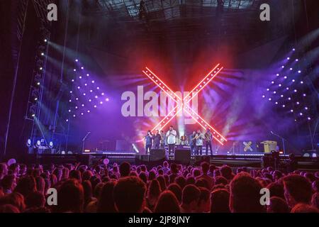 Huelva, Spain - May 25, 2022: The singer Manuel Carrasco in a concert in his home town, Isla Cristina, in Huelva, Andalucia, Spain Stock Photo