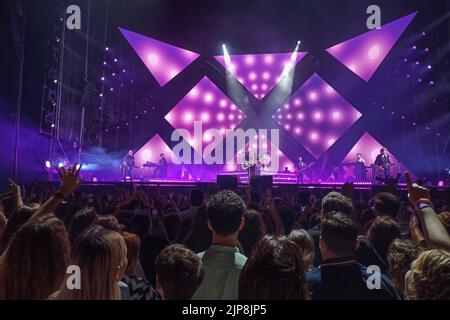 Huelva, Spain - May 25, 2022: The singer Manuel Carrasco in a concert in his home town, Isla Cristina, in Huelva, Andalucia, Spain Stock Photo