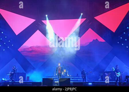 Huelva, Spain - May 25, 2022: The singer Manuel Carrasco in a concert in his home town, Isla Cristina, in Huelva, Andalucia, Spain Stock Photo