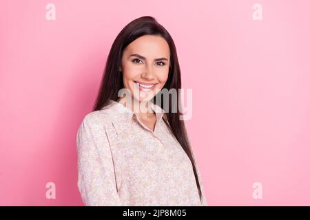 Closeup photo of young attractive gorgeous woman smiling office worker career isolated on pink color background Stock Photo