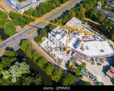 Drone point of view on Large Crane at Construction Site in Alkmaar Netherlands Stock Photo