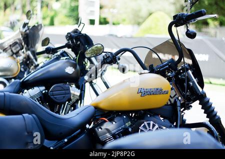 Portorož, Slovenia. 06.12.2022.  Cool bikers Harley Davidson festival, exhibition. Chrome motorcycle engine block close up. Stock Photo