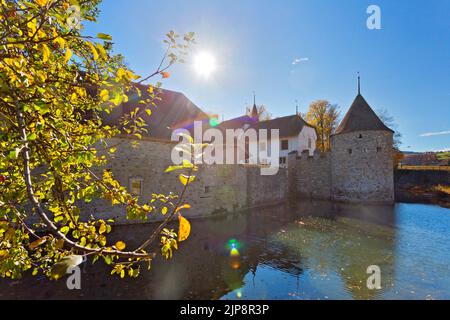 Hallwyl Water Castle during autumn, Lake Hallwil, Aargau, Switzerland, Europe Stock Photo