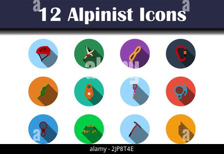 Alpinist Icon Set. Flat Design With Long Shadow. Vector illustration. Stock Vector