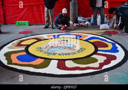 Nepalese drawing made rangoli symbol from powder or sand paint color art for nepali people respect praying rite to deity in diwali festival of lights Stock Photo