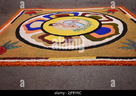 Nepalese drawing made rangoli symbol from powder or sand paint color art for nepali people respect praying rite to deity in diwali festival of lights Stock Photo