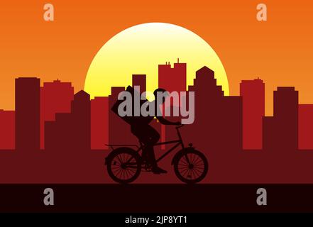 Silhouette of courier on bicycle with backpack on the background of the city. Deliveryman driving a bike at sunset. Online delivery service concept. Stock Vector
