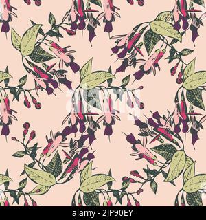 Bright blossom drawing botanical fuchsia pattern, floral wallpaper. Cute flowers seamless background. Vector illustration graphic design for fashion, Stock Vector