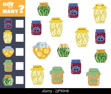 Children's math game count how many jars of jam. Vector isolated on a white background. Stock Vector