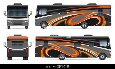 RV motorhome wrap vector mockup on white for vehicle branding, corporate identity. All elements in the groups on separate layers for easy editing. Stock Vector