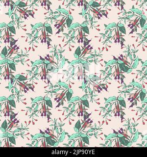 Bright blossom drawing botanical fuchsia pattern, floral wallpaper. Cute flowers seamless background. Vector illustration graphic design for fashion, Stock Vector