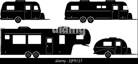 Camping trailers silhouette on white background. RV icons set view from side. Stock Vector