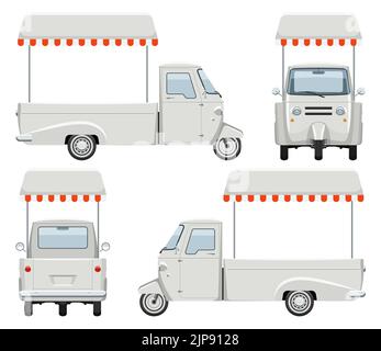 Tricycle food cart vector template with simple colors without gradients and effects. View from side, front, back Stock Vector