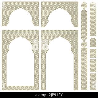 Arches, frames and additional design elements. Arabic geometric ornament.Brown color. Stock Vector