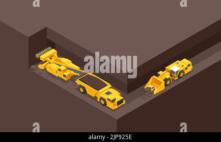 Isometric coal mining machine. Underground truck is a 20 metric tonne underground truck for small to medium-scale underground operations and Stock Vector