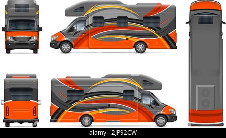 RV motorhome vector mockup on white for vehicle branding, corporate identity. All elements in the groups on separate layers for easy editing. Stock Vector