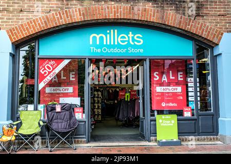 Dorking, Surrey Hills, London UK, August 14 2022, Millets Outdoor Camping Clothing and Equipment Retail High Street Shop Stock Photo