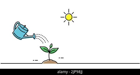 Watering a watering can flower. Concept of plant growth under the sun. Thin line with color. Grow plant leaves. Outline trendy style. Vector illustrat Stock Vector