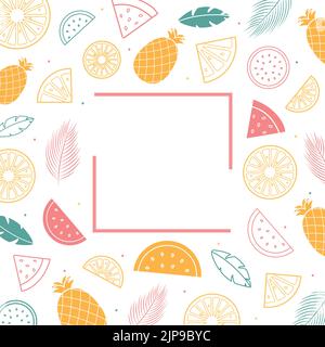 Summer time concept with lemons, watermelons, pineapples and fir leaves line art icons with square frame and space for your message. Stock Vector