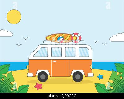Summertime, travelling concept with camping caravan at beach side, bright sun, surfing board. Summer holidays background. Stock Vector
