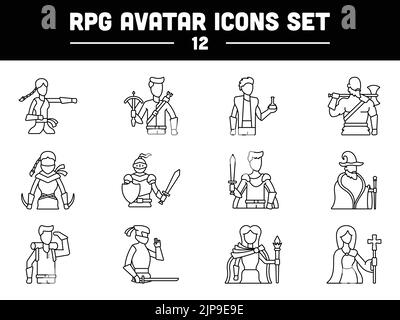 Male And Female Rpg Avatar Cartoon Set In Black Outline. Stock Vector