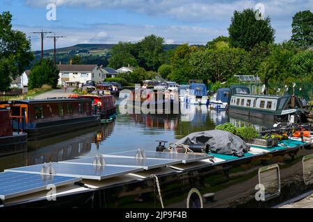 Barges at busy moorings, self-drive hire boat traveling, scenic sunny stretch of Leeds Liverpool Canal & towpath - Bingley, West Yorkshire England UK. Stock Photo