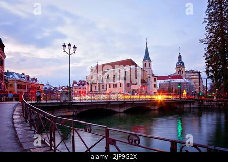 Medieval City Annecy in French Alps in winter during twilight, France Stock Photo