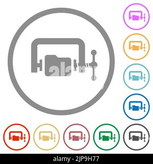 Folder compression solid flat color icons in round outlines on white background Stock Vector