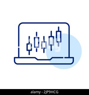 Candlestick stock chart on a laptop. Pixel perfect, editable stroke line art icon Stock Vector