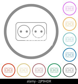 Electrical outlet with two sockets outline flat color icons in round outlines on white background Stock Vector
