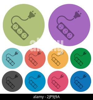 Portable electrical outlet with three sockets and extension cord and plug solid darker flat icons on color round background Stock Vector