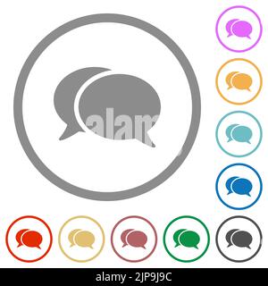 Two oval chat bubbles solid flat color icons in round outlines on white background Stock Vector