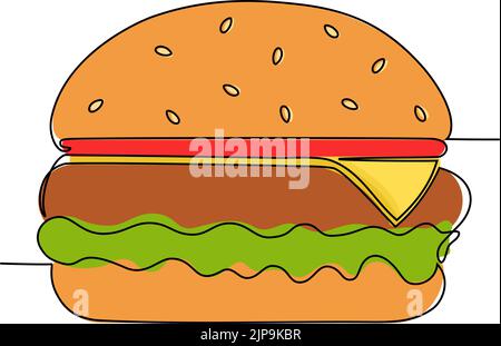 Continuous line drawing of delicious appetizing burger. Vector illustration Stock Vector