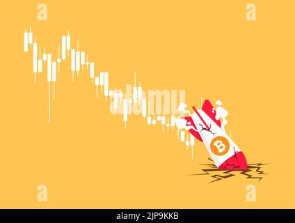 Bitcoin rocket crash on the floor. Bitcoin price collapse, crypto currency volatility price roaring fast and fall down causing investor huge loss conc Stock Vector