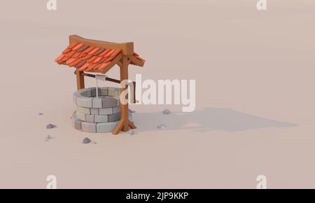 Illustration of low poly well placed on light background with long shadow. Wooden construction above well with red roof. Cartoon style, 3D render. Stock Photo