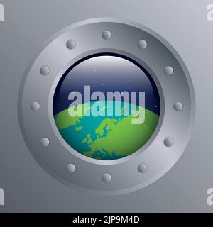 porthole with a view into space on the earth Stock Vector
