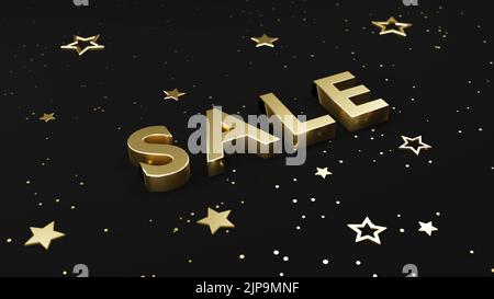 Gold text Sale placed on black background with golden stars and glitters around. Concept of discount offer in marketing. Usable as shopping banner. 3D Stock Photo