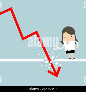 Businesswoman looking down at the falling arrow. Economic Collapse Definition. Stock Vector