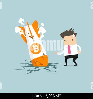 Businessman with Bitcoin rocket crash flying down. Bitcoin price collapse, crypto currency volatility price roaring fast and fall down causing investo Stock Vector