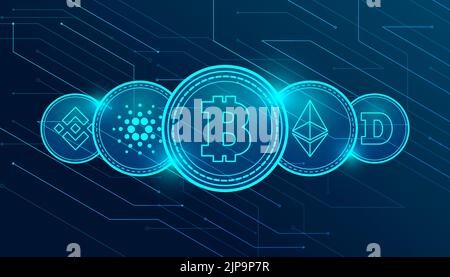 Set of most famous cryptocurrency coins. International stock exchange. Network bitcoin marketing vector. Stock Vector